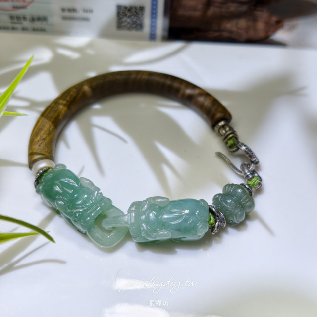 《環翠招瑞》天然緬甸翡翠A貨貔貅環環相扣手串｜蓮花珠・淡水珍珠・綠檀木 屏東市現貨 時予鎏藏