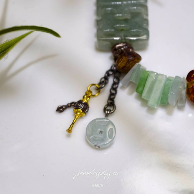 時予鎏藏《雙喜棲香》天然緬甸翡翠A貨雙喜手串｜綠棋楠沉香・花珀・S925純銀 15cm