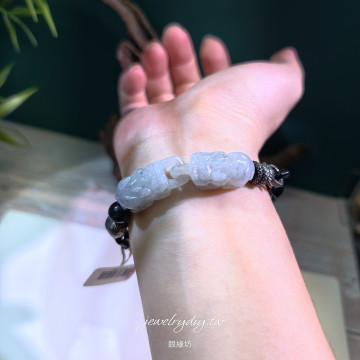 眼緣坊&時予鎏藏  《雙貅同守》天然翡翠 緬料水墨貔貅 夫妻款 手工雕刻 墨翠鏤空鍊條 附證書 招財 收藏/自用/贈禮