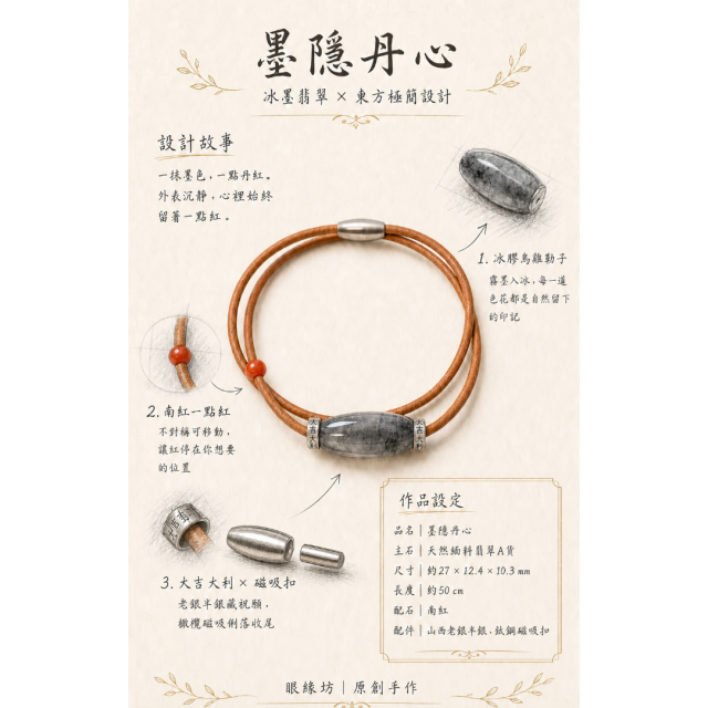 眼緣坊&時予鎏藏  墨隱丹心 天然緬料翡翠A貨冰膠烏雞勒子項圈｜南紅皮繩｜大吉大利老銀｜50cm磁吸扣