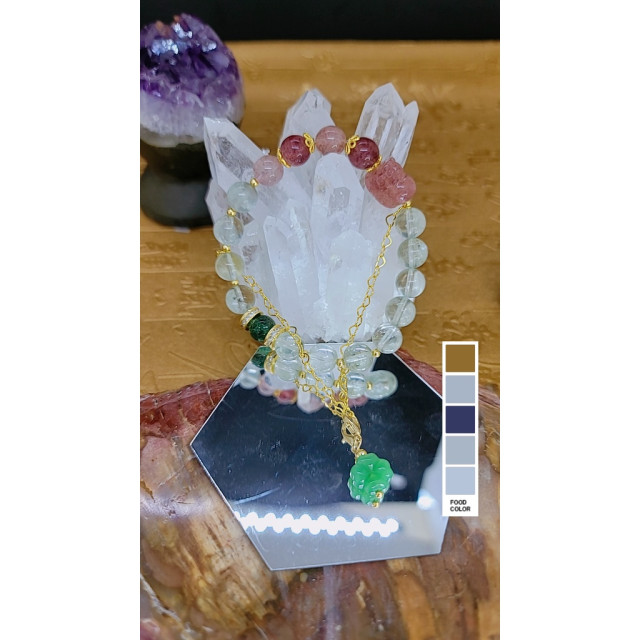 #00349眼緣坊 小美人魚1號｜原創手作款｜招人緣草莓晶+草莓晶貔貅+招財少見綠水晶｜925純銀鍍金配飾 附貔貅開光說