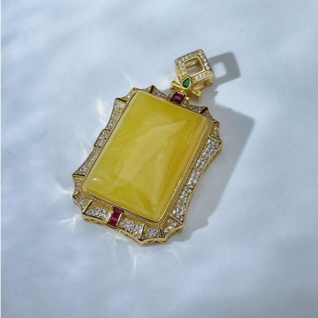 出清特價!眼緣坊 天然 小高貨 俄料 蜜蠟 S925銀純銀鍍金包邊 方形弧面吊墜 蜜滿蠟實奶白奶白 鳳山現貨 支持複檢