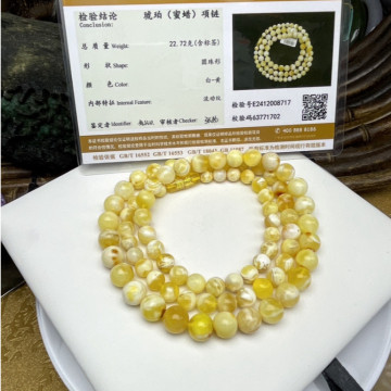 眼緣坊 天然 俄料 蜜蠟 塔鏈 白蠟又濃又實 金瓷白妖孽紋 微帶奧利奧 超美~ 屏東現貨附地大證書