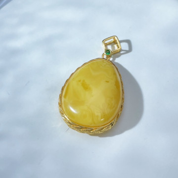 出清特價!眼緣坊 天然 小高貨 俄料 蜜蠟 S925銀純銀鍍金包邊 水滴吊墜 蜜滿蠟實奶白奶白 鳳山現貨 支持複檢